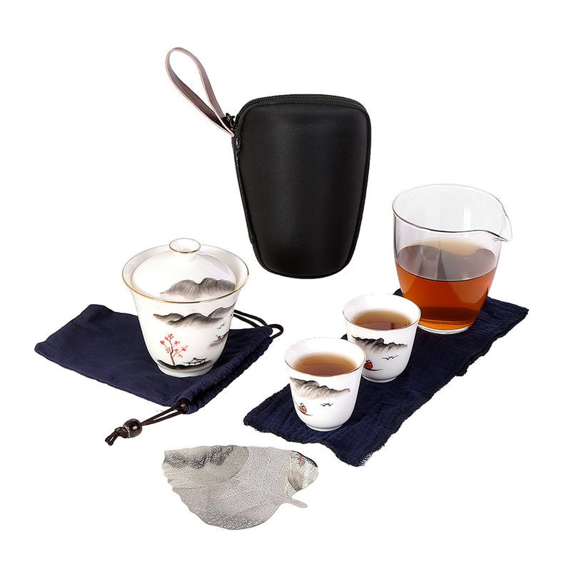 Utomhus bärbar resa tekanna set med 2 minikoppar 1 gaiwan porcelana japansk teservis gaiwan kung fu te ceremoni set