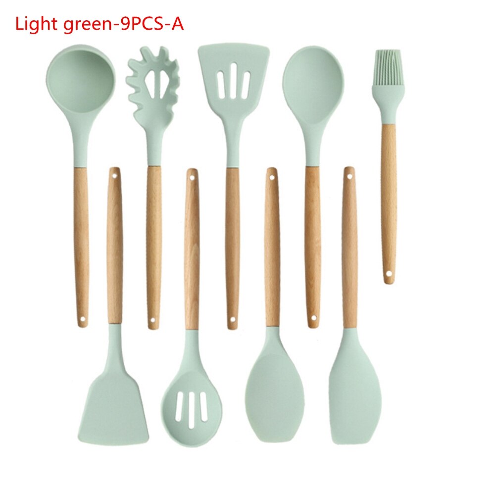 9/11Pcs Silicone Cooking Utensils Set Non-stick Spatula Shovel Wooden Handle Cooking Tools Set Kitchen Tools: 9Pcs-A Light Green