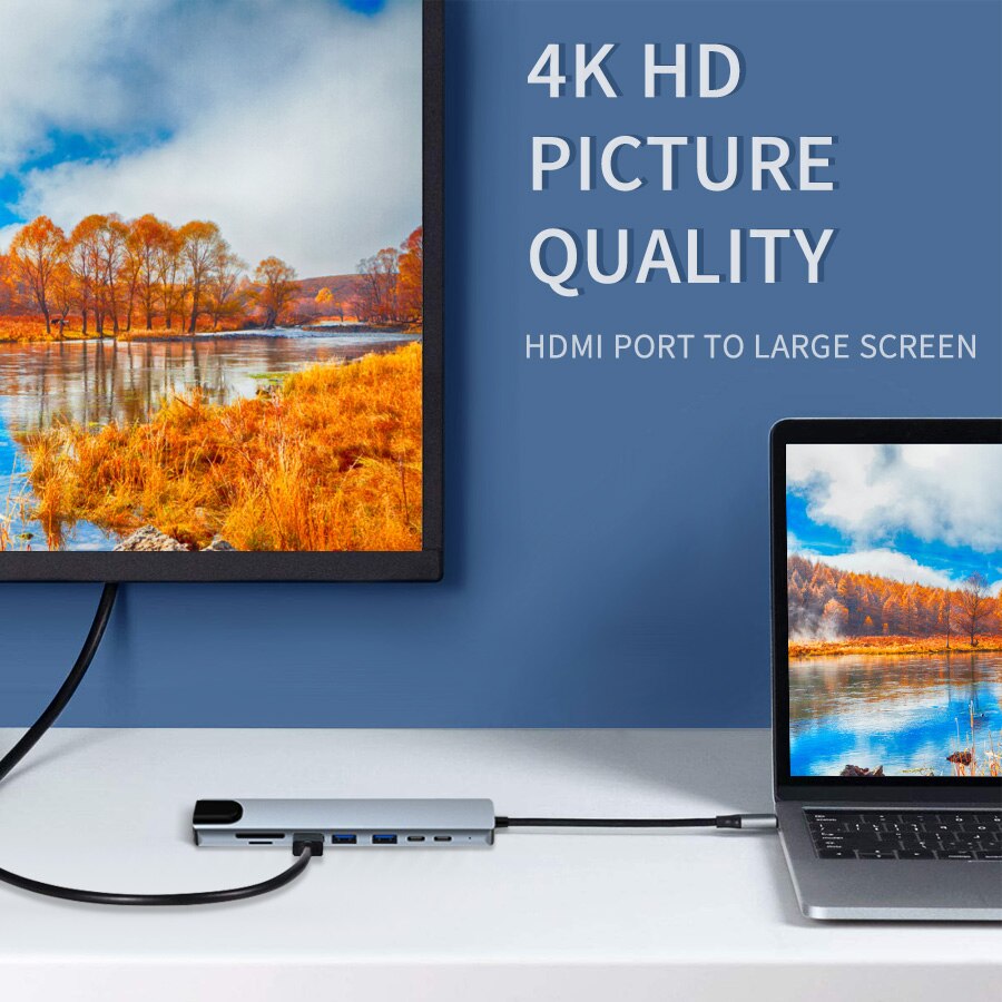 USB C Hub 8 in 1 Type C 3.1 naar 4K HDMI-adapter met RJ45 SD/TF-kaartlezer PD snel opladen voor MacBook Notebook Laptop Computer