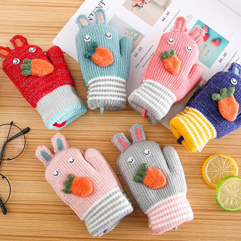 Cartoon Bunny Warme Baby Handschuhe Winter Kinder Kleinkind Baby Fäustlinge gestrickte Dicke Mädchen Jungen Nette Karotte Volle Finger Handschuhe