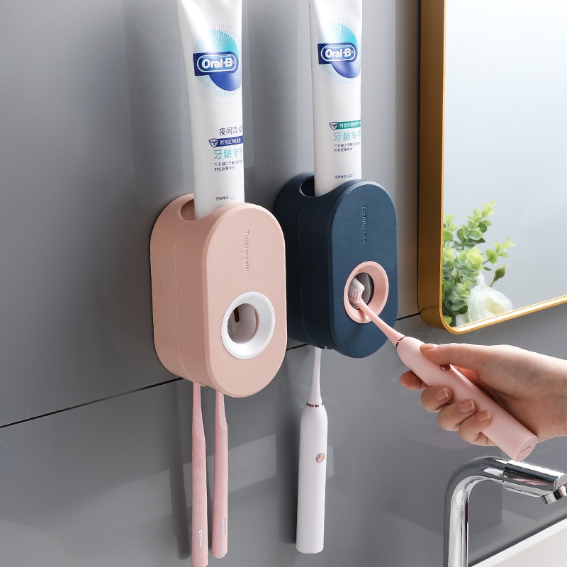 Guret vægmonteret tandpastaeklemme til tilbehør til badeværelset automatisk tandpasta dispenser tandbørsteholder aftagelig hylde