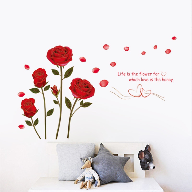 Romantische Rode Roos Muur Sticker Voor Slaapkamer Woonkamer Sofa Achtergrond Home Decoratie Muurschilderingen Decals Bloemen Muurstickers