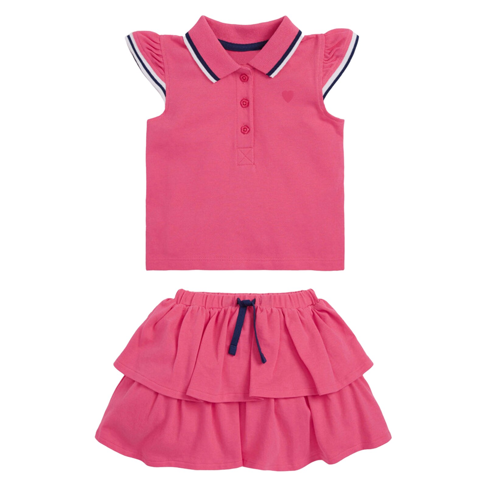 2Pcs Kids Meisjes Katoen Tennis Rok Pak Casual Sport Outfit Revers Kraag Flutter Mouwen Hart Print Tops En Gelaagde rok Set: Pink / 4T(110)