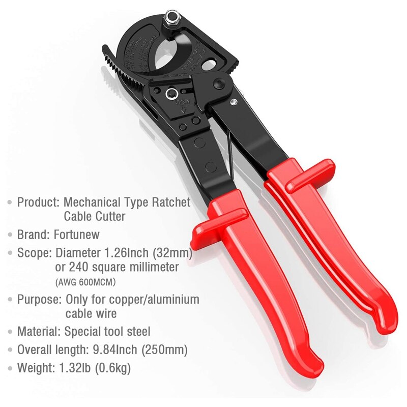 Cable Cutter, Aluminum Copper Cable Cutter Wire Cutter, Ratchet Heavy Duty, Maximum 240mm