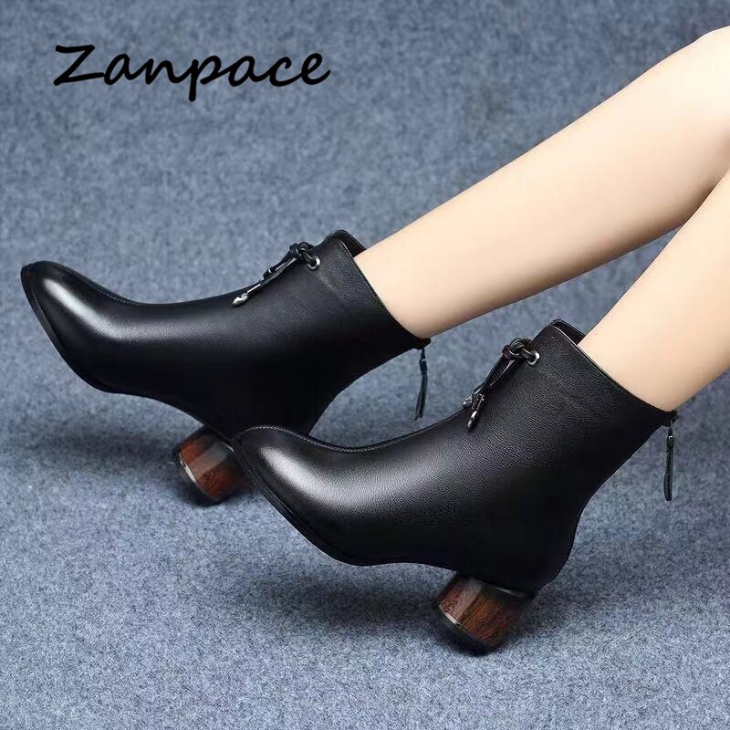 ZANPACE Leder frauen Hohe Stiefel Winter Schwarz Samt Dicke Warme frauen Schuhe Dicken Med Ferse Stiefeletten Frauen der Stiefel Größe 40