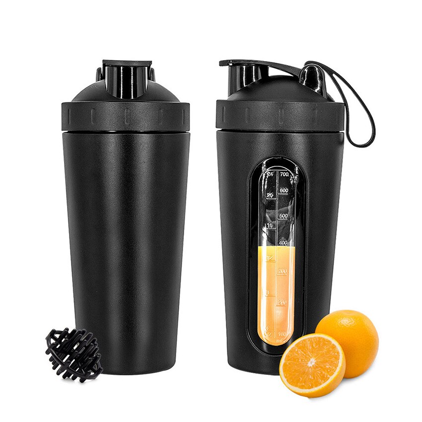 1Pc 700Ml Rvs Sport Water Mokken Shaker Flessen Met Schaal, outdoor Gym Fitness Schudden Cup Eiwitpoeder Mixer Fles: Black