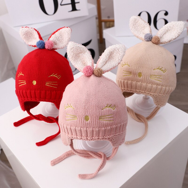 Schattige muts met konijnenoren voor babymeisjes, jongensaccessoires, warme gehoorbescherming, kindermuts, muts met pompon, gebreide wintermuts voor kinderen