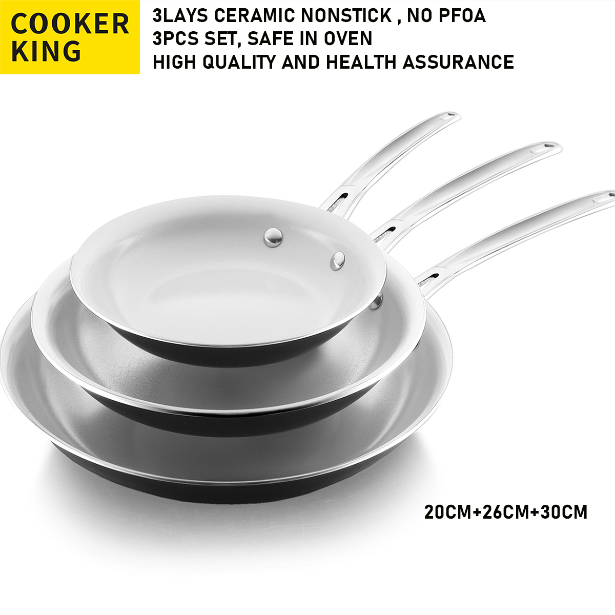 COOKER KING Ceramic Nonstick Frying Pan Set 3-pieces Skillet Pan Saucepan With Stainless Steel Handle Oven Safe 20/26/30cm