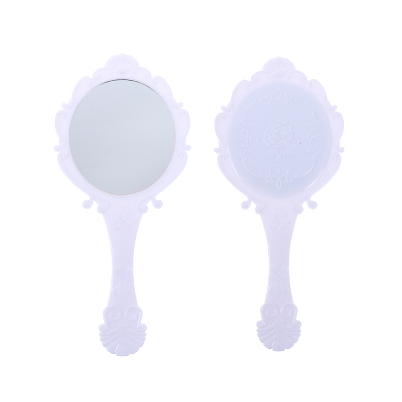 1PC Round Cosmetic Hand Held Mirror Mirror Handhold Makeup Mirror Repousse Floral Oval With Handle For Ladies Black/White: White-L