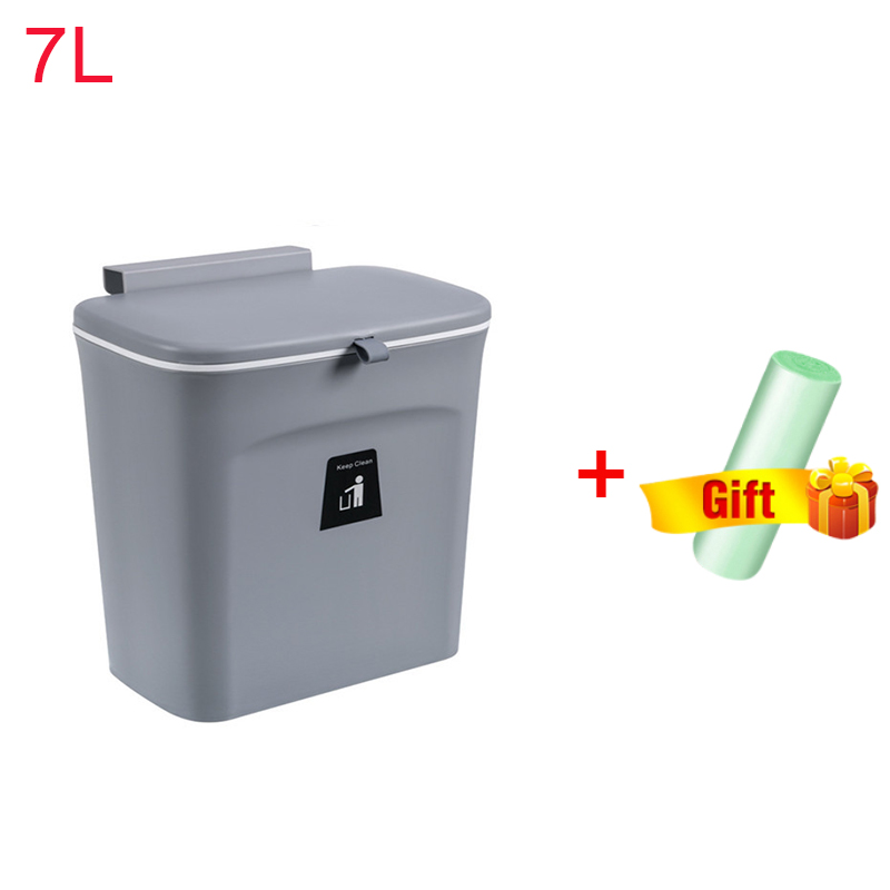 7/9L Hanging Trash Can For Kitchen Large Capacity Kitchen Recycling Garbage Basket Bathroom Wall Mounted Trash Bin With Lid: 7L Grey