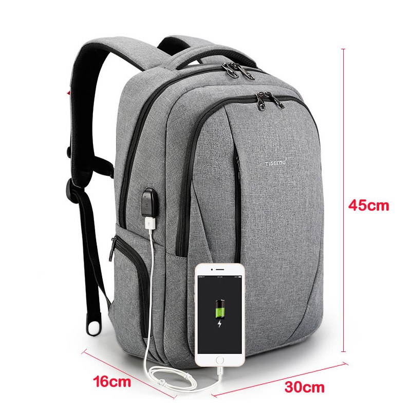 Tigernu brand male mochila 15.6 inch laptop backpack men usb slim backpacks for girls waterproof backpack schoolbag College: Grey 15.6inch