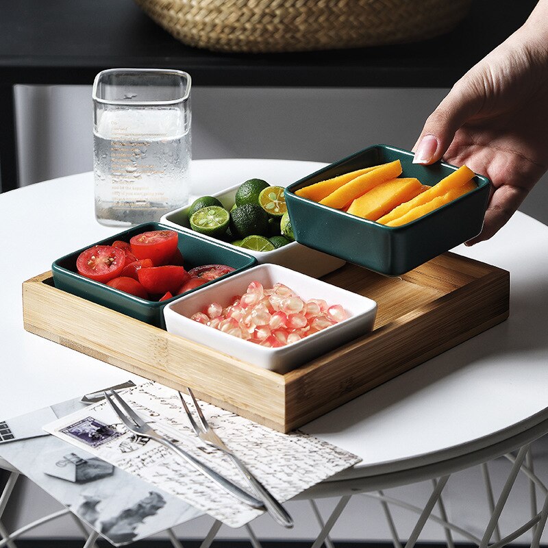 Ceramic Dessert Nut Snacks Plate Bamboo Wood Tray Multi Grid Dessert Plates Multifunction Foods Classify Snack Dishes