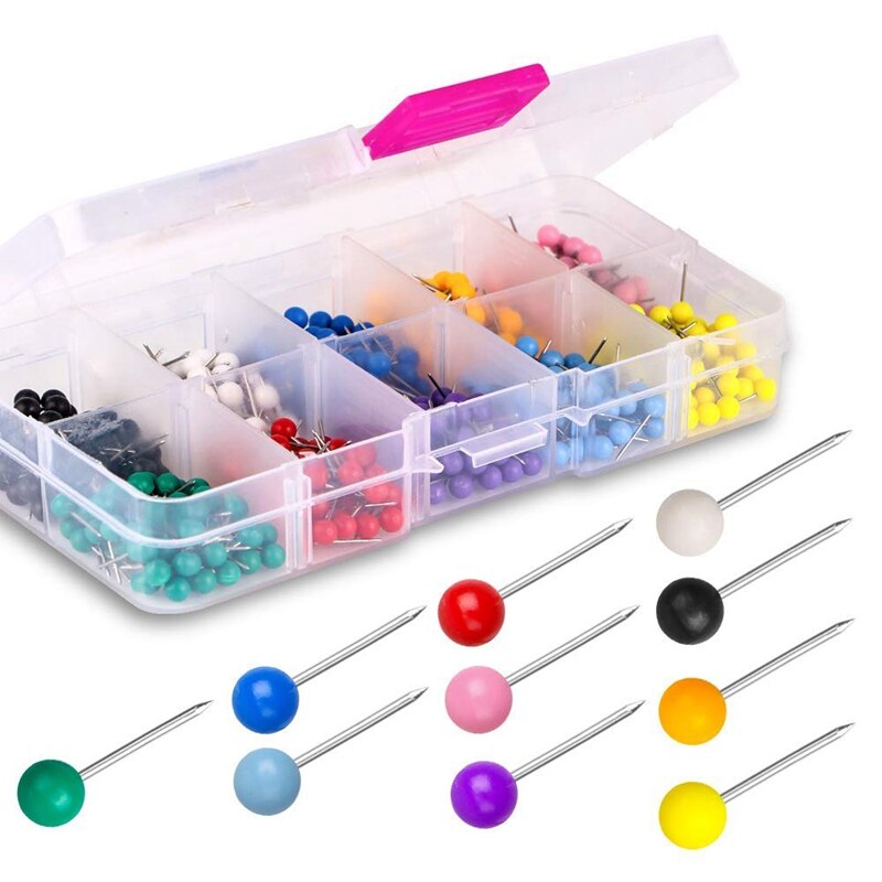 Push pins 600- tælle kort stifter markering pins 1/8- tommer plast perler hoved, med stål punkt 10 forskellige farver