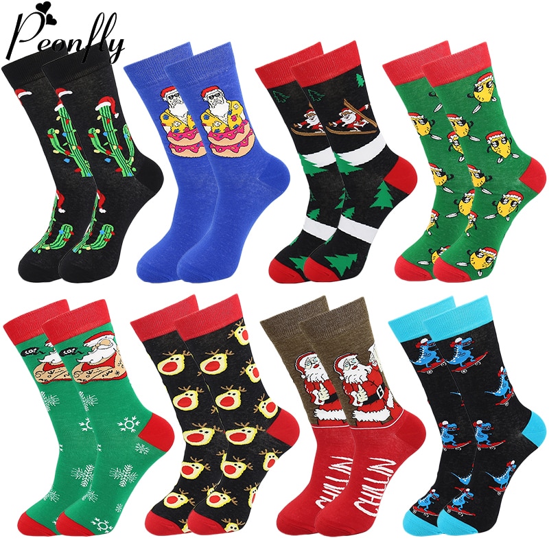 PEONFLY Funny Christmas Tree Snow Happy Socks Men Autumn Winter Harajuku Calcetines Santa Claus Christmas Socks
