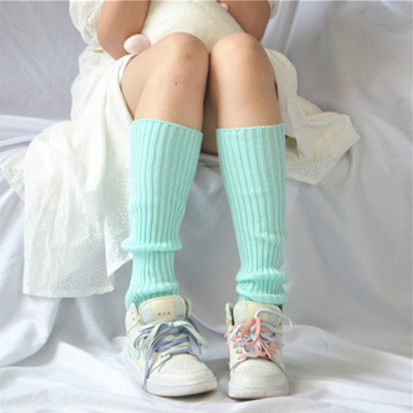 Calentadores de piernas para niña, calentadores de lana con bola tejida para pies, para otoño e invierno, para mujer, estilo japonés: Azul cielo