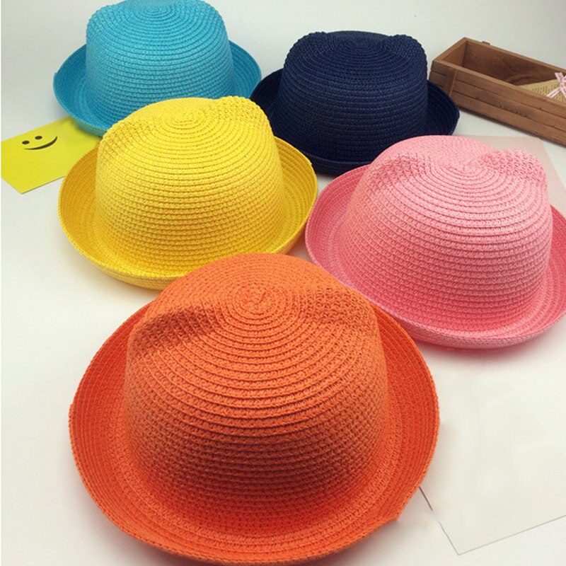 Sombreros de paja a la para chicas y niños, gorros de paja para el sol de bebé, gorro de decoración con orejas de gato flexible y sólido, dg88
