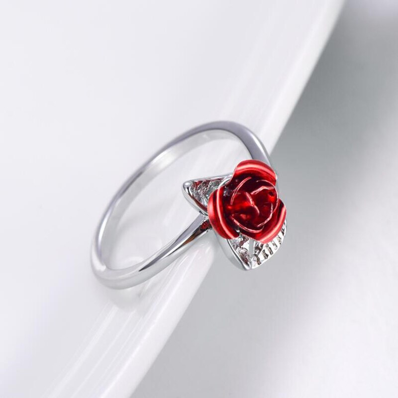 Frauen Ring Rote Rose Garten Blume Blätter Öffnen Ring Resizable Finger Ringe Für Frauen Valentinstag Schmuck