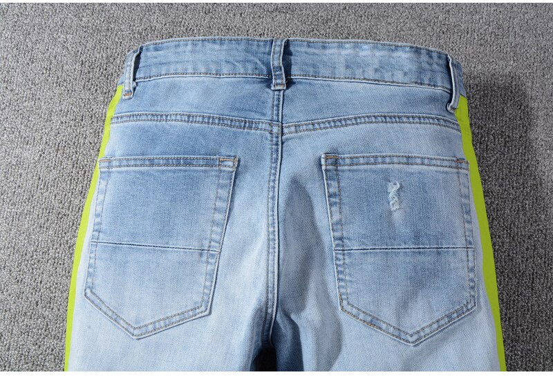 Mænds neon gule farve linjer patchwork ripped jeans huller ødelagt denim stretch bukser slim fit man jeans 28-40