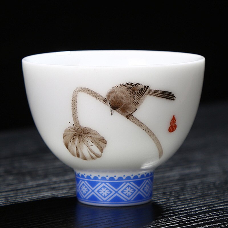 Håndtegnet fugl te kop blå og hvid porcelæn kop keramik mønster puer kop personlighed tekop
