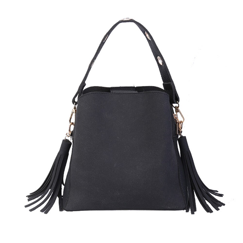 Women Tassel Shoulder Bags Handbag Scrub Bucket Bags Crossbody Bag: Black