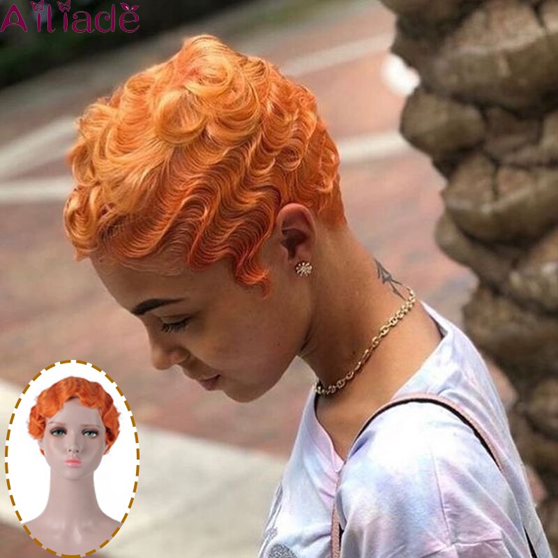 AILIADE cheveux noirs vague courte perruques pour femme court doigt vague perruques court coupe de lutin perruque courte perruques: 1B/27HL