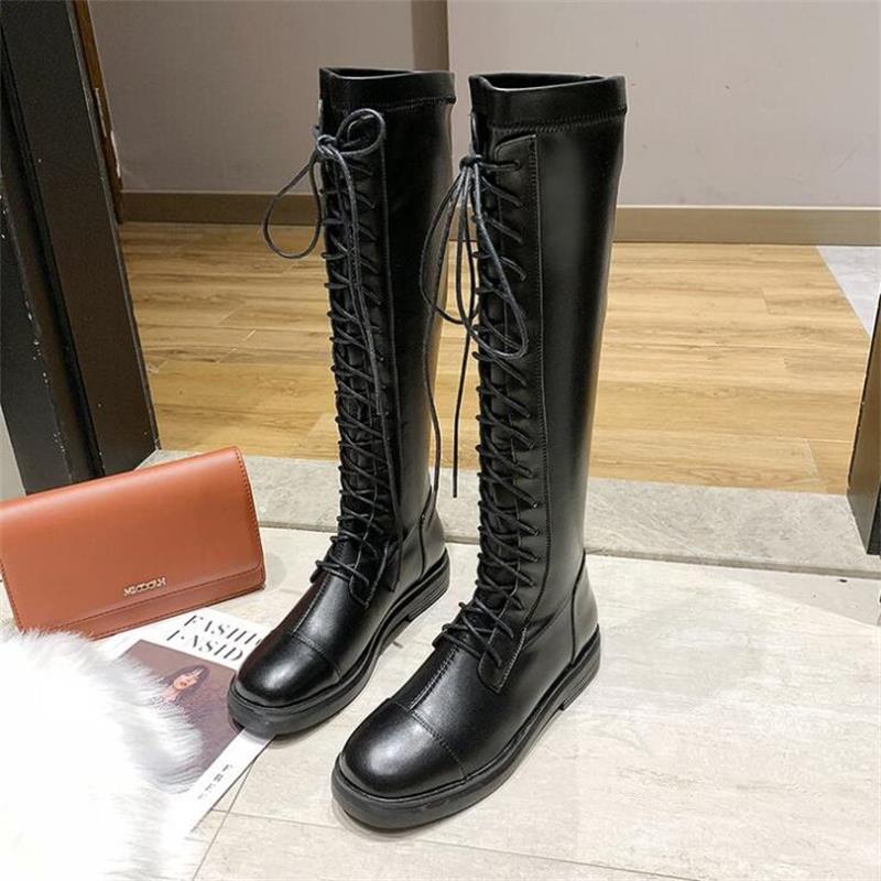 Botas altas de otoño e invierno con tiras delanteras juveniles, impermeables, transpirables, botas elásticas para mujer que aumentan la altura.: Negro / 38