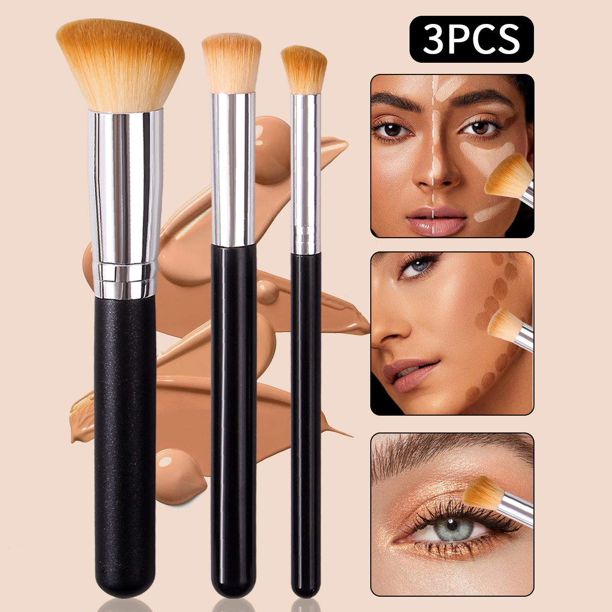 Brocha correctora de base, brochas para colorete de contorno premium, brocha de maquillaje facial densa y impecable debajo de los ojos para mezclar: Oro