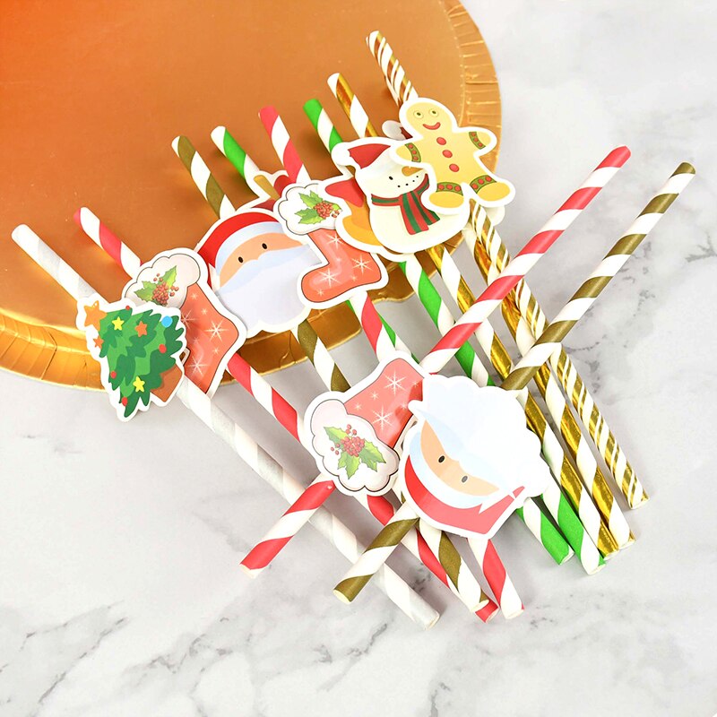 10Pcs Xmas Party Papier Rietjes Kerstman Sneeuwpop Elanden Sap Rietje Kerst Servies Jaar Party Decoratie Supplie