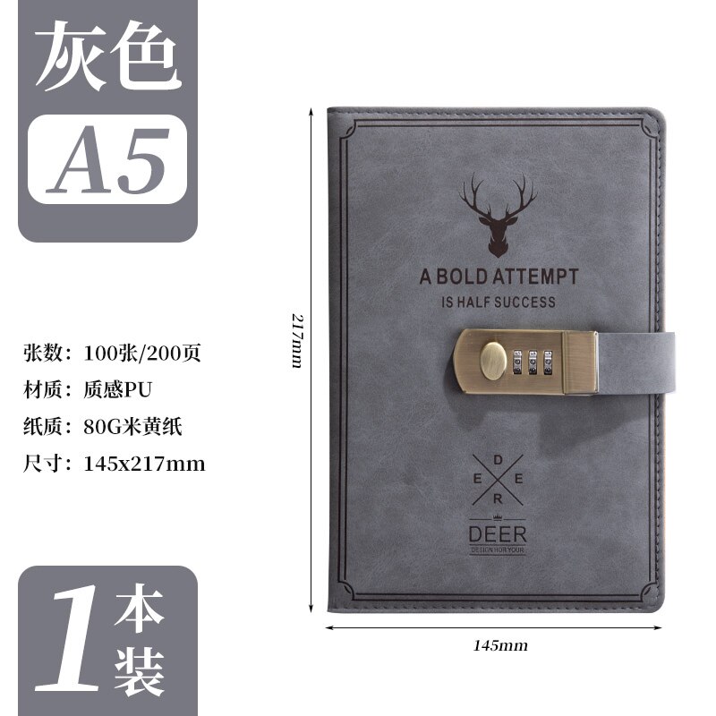 Diary Super Thick Notes Password Lock Journal Business Office School Supplies Sketch Stationery Notebook Daily Work Page Notepad: Gray Notebook A