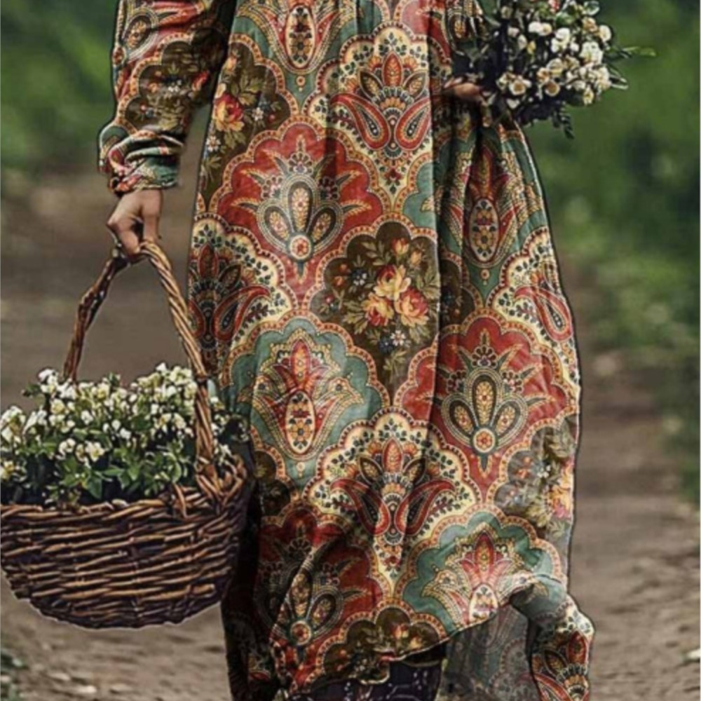 Casual Women's Printed Dress Spring Round Neck Long Sleeved Loose Geometric Pattern Printed Large Swing Dress For Women