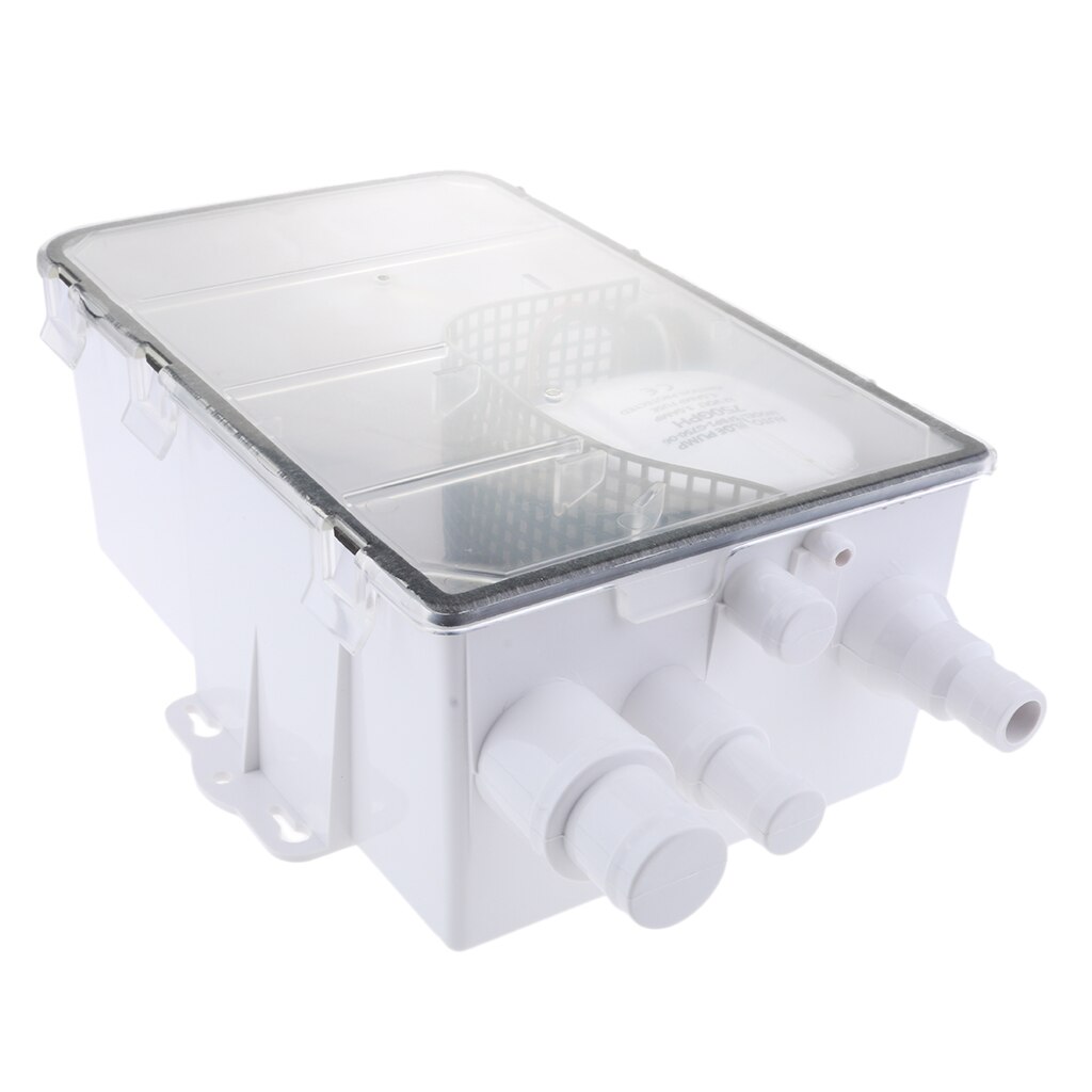 DC Shower Sump Pump System Box for Boats, Multi Inlet 12V, 600 GPH, 3/4 inch Discharge