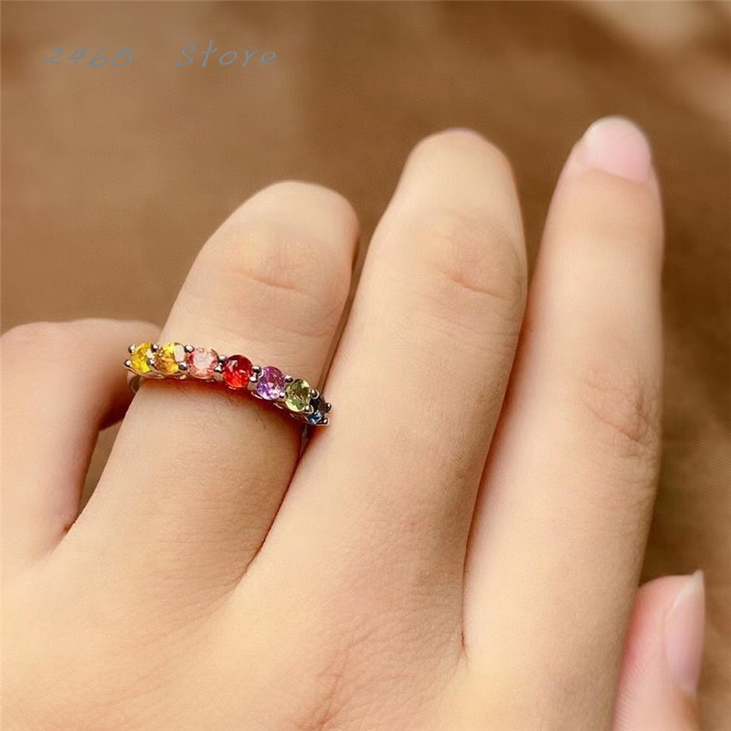 The 925 silver inlaid natural colored sapphire ring, rainbow color, exquisite small row ring, fashionable and versatile