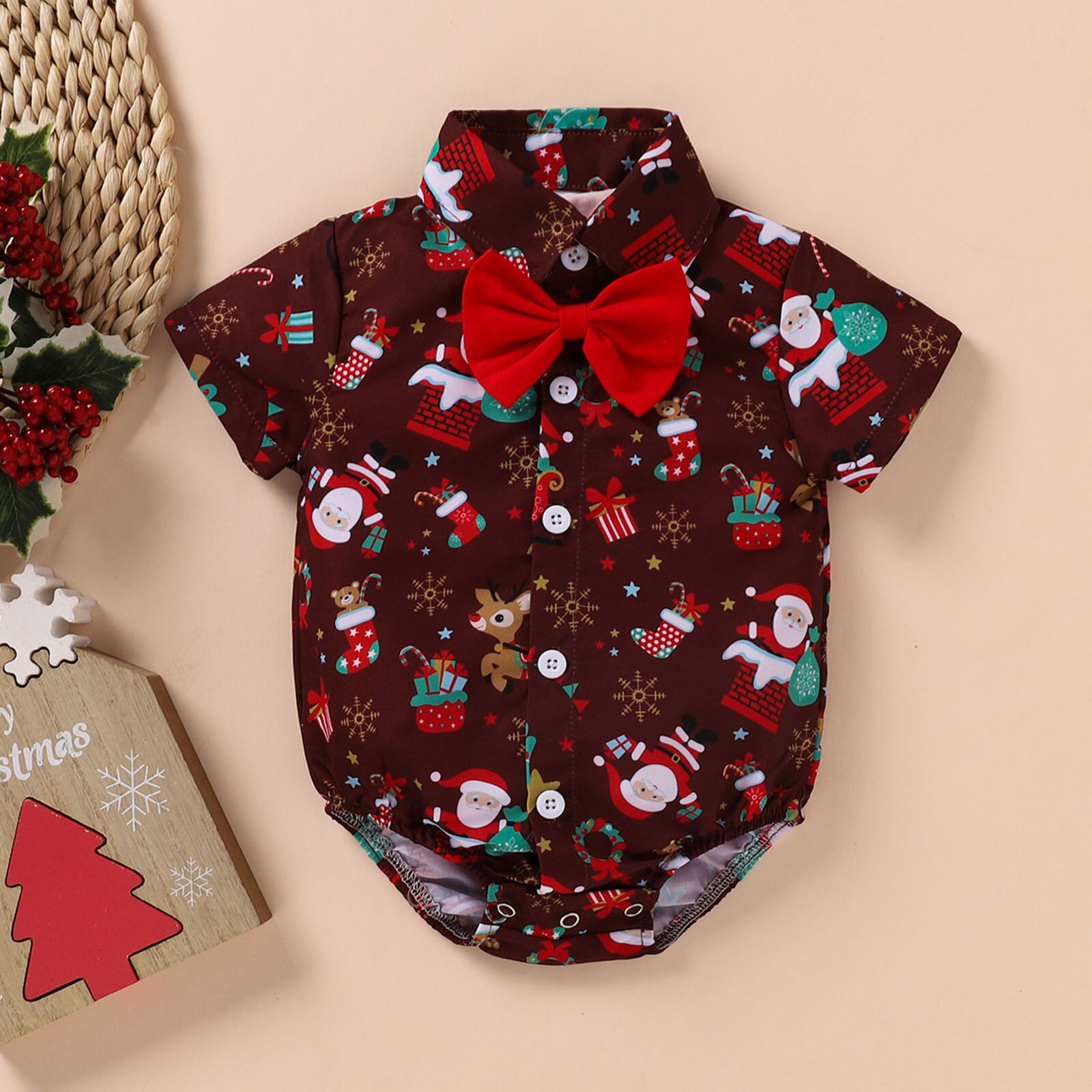 Christmas Baby Boys Bodysuits Santa Print Short Sleeve Bow Tie Gentleman Party Jumpsuits 0-24M: Red  / 0-6M