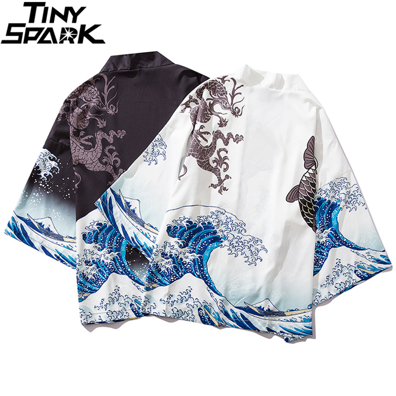 Chaqueta Kimono estilo japonés Kanagawa para hombre, ropa de calle de gran ola, Hip Hop, dragón Koi, pescado fino, estilo japonés,