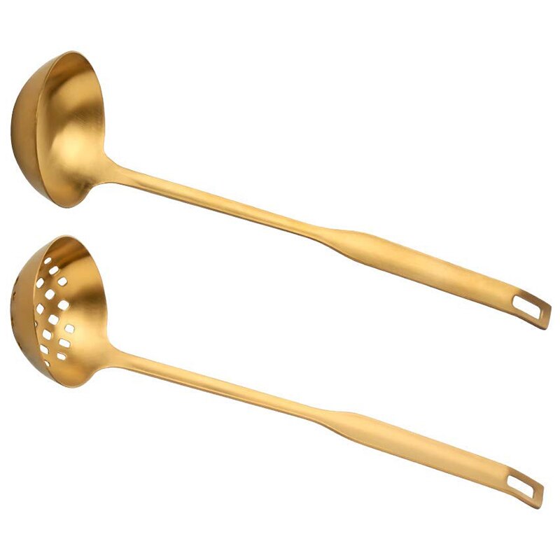 2 piezas Metal dorado juego de colador de cazo para sopa, utensilios de cocina de acero inoxidable con mango largo utensilios de cocina cuchara de servir utensilio de cocina para: Default Title