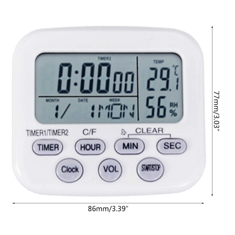Timer Clock Thermometer Hygrometer Date Display 12/24 Hours 2 Groups Alarm Digital Countdown Kitchen Timer