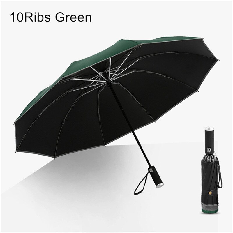Automatic Reverse Umbrella Women 3 Fold Reflective Strip Umbrella Rain Men Parasol LED Light Windproof Parapluie Rain Gear EB5YS: 10ribs Green