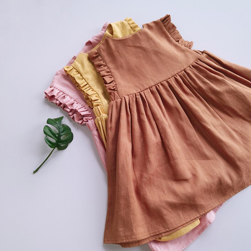 Baby Meisje Jurk 1-6Y Effen Linnen Katoen Ruche Mouw Kinderen Jurken Voor Zomer Prinses Feestjurk Peuter Meisje A-lijn Zonnejurk