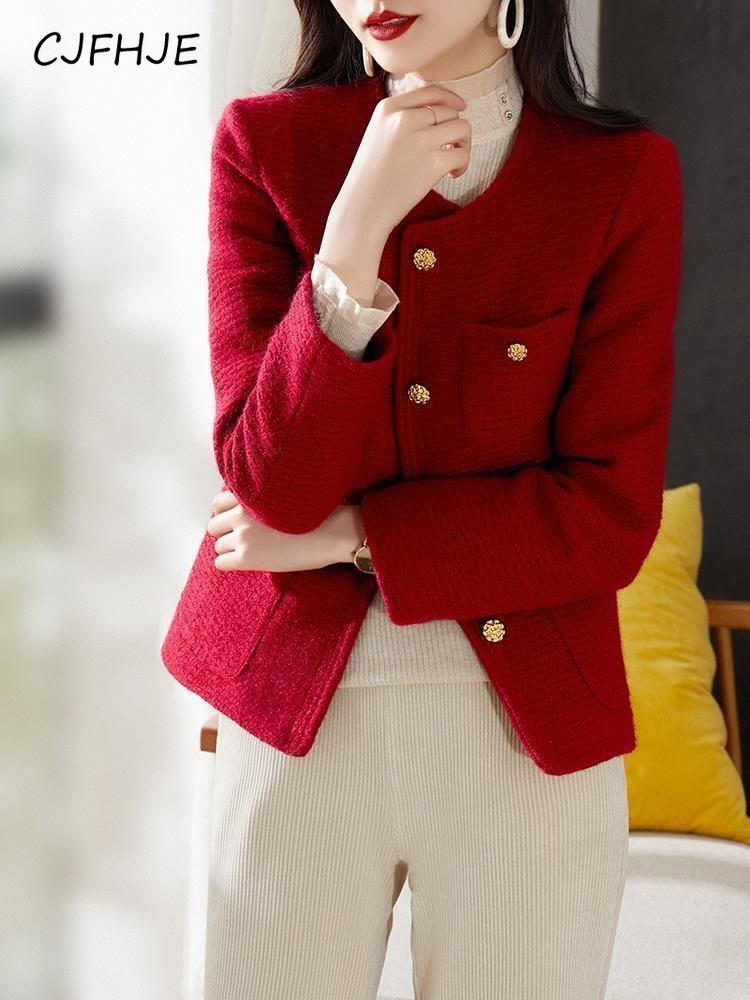 Cjfhje julerød tweedjakke dame vinter tyk varm sød frakke fransk vintage langærmet dame afslappet top