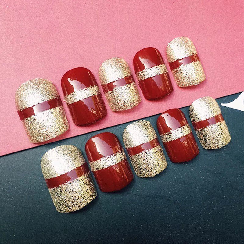 24pcs Short Wine Red Nail Art Short False Nails With Golden Glitter Champagne Wedding Nail Tip Full Nail Polish + 2g Glue