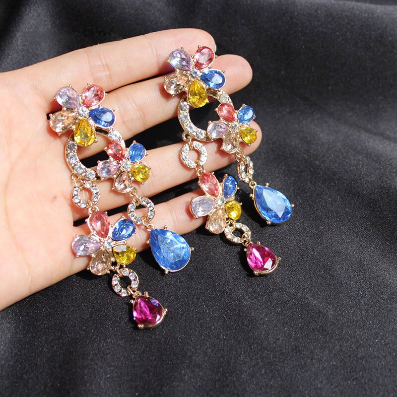 Colorful Zircon Crystals Long Women Earrings Dangle Earrings Jewelry for Bridal Wedding Luxury CZ Flowers Earrings Jewelry