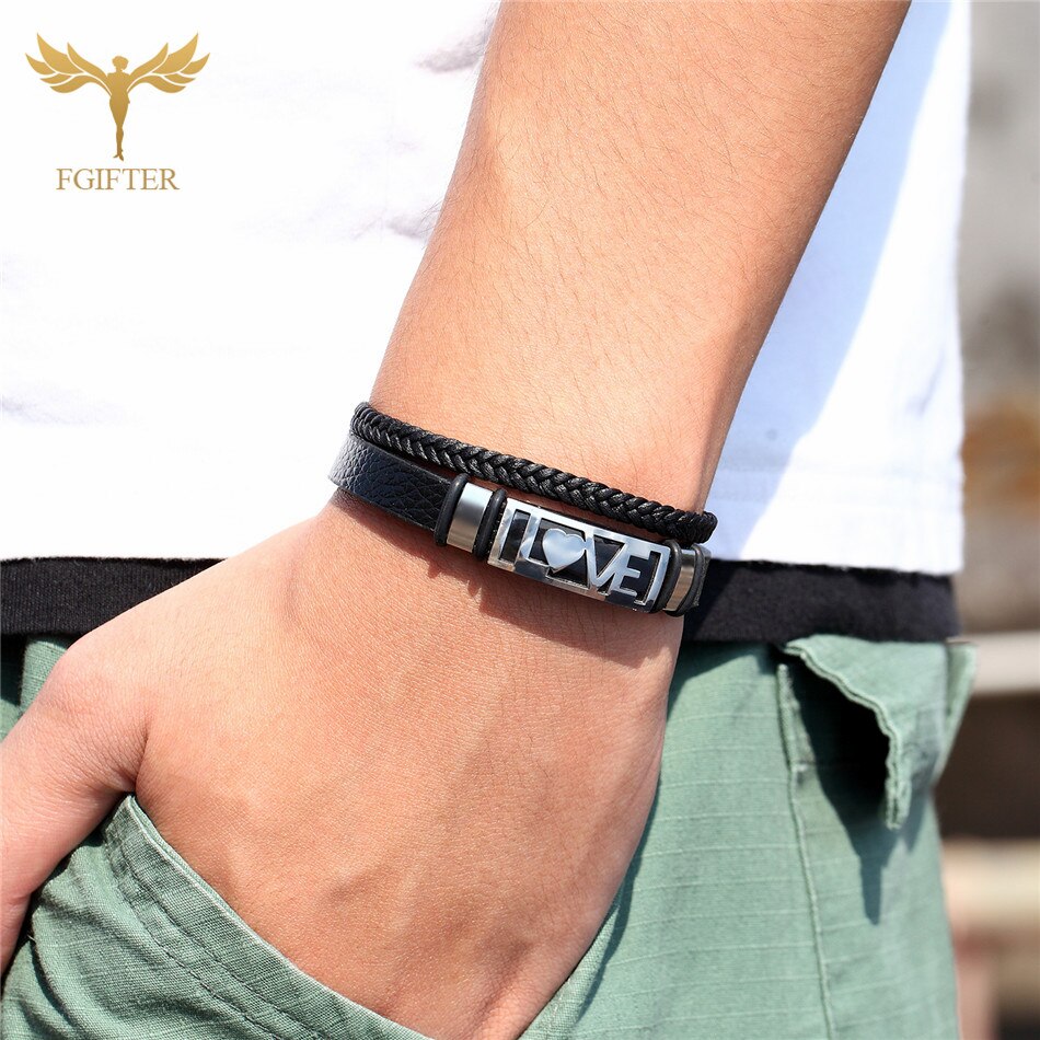 Pulseras románticas de amor para pareja de hombres y mujeres, pulsera de cuero de tejido multicapa, brazalete de acero inoxidable, joyería