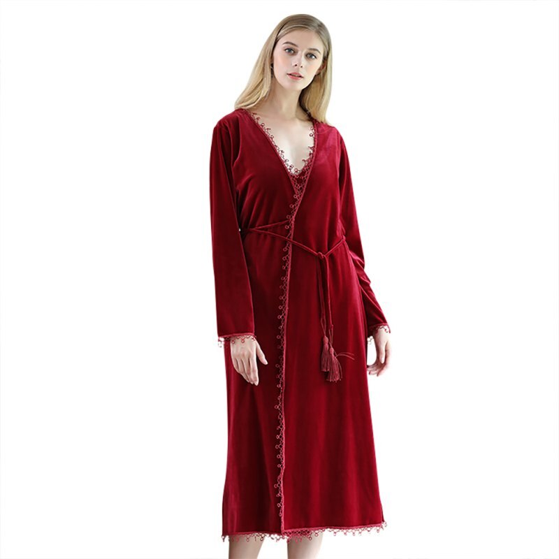 korean velvet Long Sleeve Nightgown And Sling Long Nightdress Autumn Underwear Solid Color Women's Sleep & Lounge: A Nightgown / XL