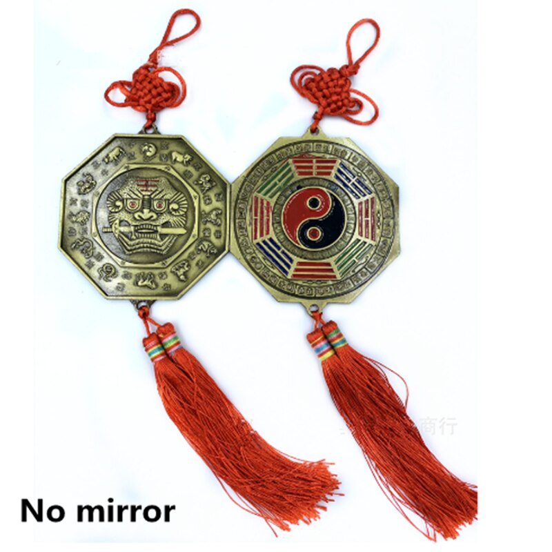 Miroir Feng Shui Foo chien mordant une épée baguette avec pompon à nœud chinois pour le bureau, Protection de la famille