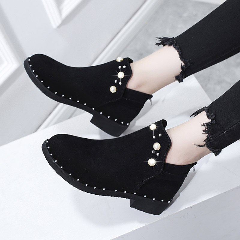 Winter Stiefeletten Für Frauen Schuhe Perle Stiefel Schwarz botas mujer chaussures femme Punk flache Stiefel Korn damen stiefel 7642