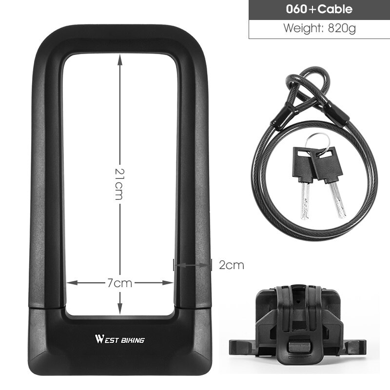 WEST BIKING – serrure antivol de vélo, solide, sécurité cyclisme, verrouillage universel en U pour roues de vélo de route et vtt, accessoires de bicyclette: 060 With Cable