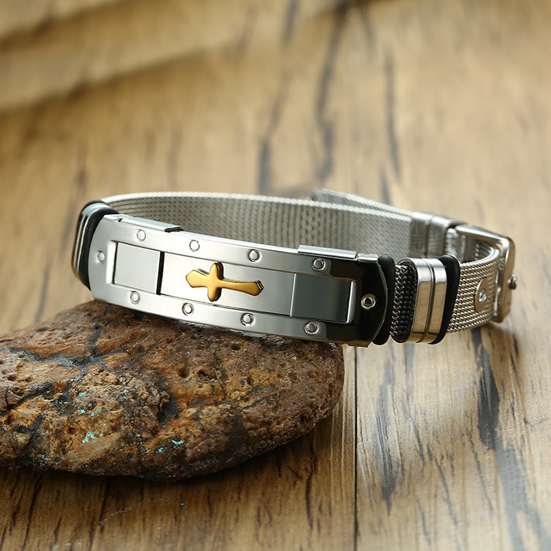 ZORCVENS – ceinture en maille d&#39;acier inoxydable pour hommes, 12mm, Bracelet de montre, croix, breloque, chrétien, fermoir à boucle réglable