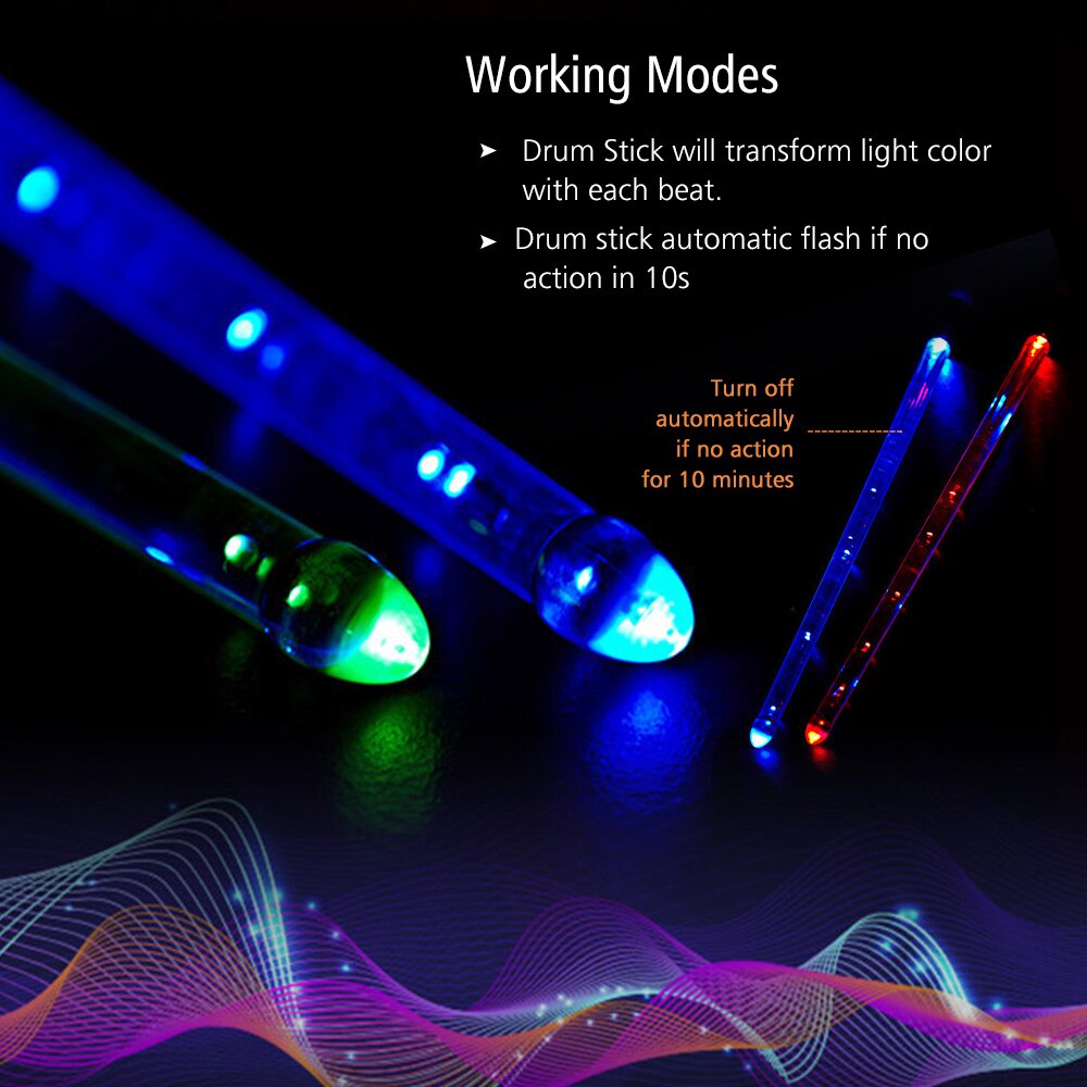 Baquetas de batería con luz LED, luces de colores 15 degradadas, carga USB, interruptor de encendido/apagado, accesorios de tambor