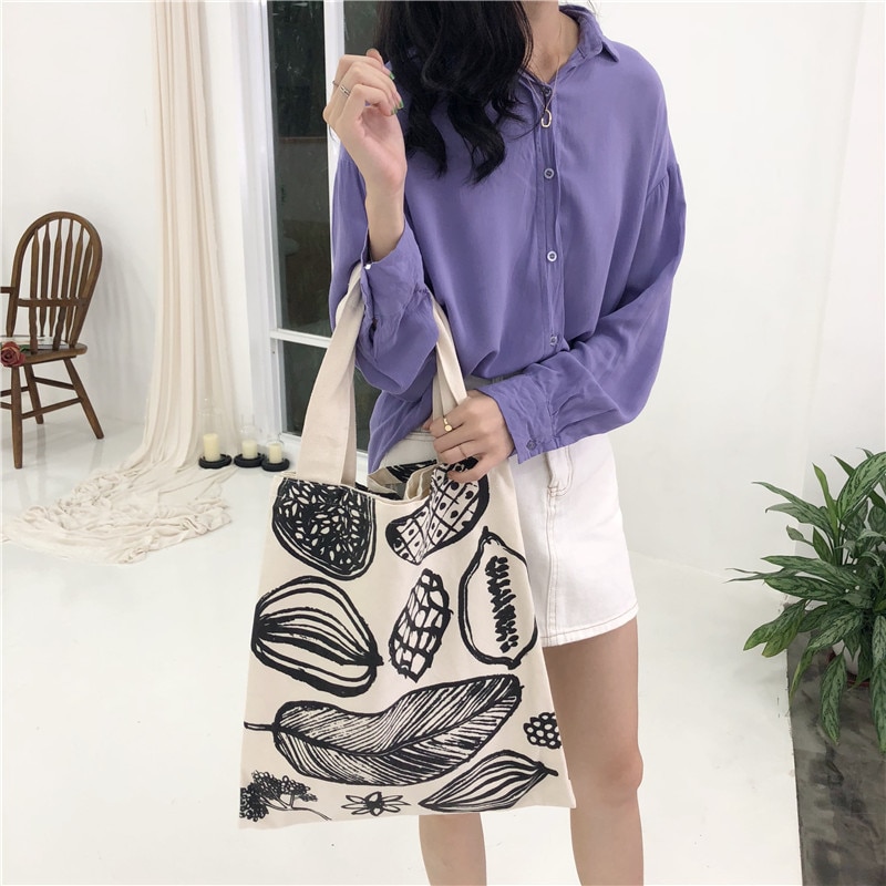 Women Canvas Shoulder Bag Leaf Printing Female Large Capacity Shopping Bag Lady Eco Pure Cotton Beige Handbag Junior Miss Tote