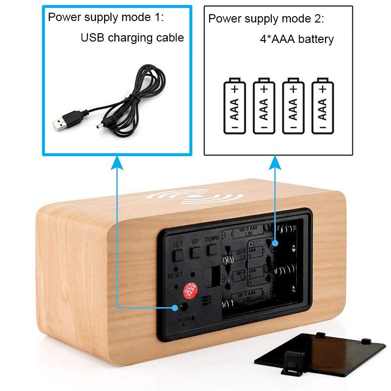 Wooden Digital Clock Sound Control Electronic Alarm Clock Led Mobile Phone Wireless Charging Wooden Clock